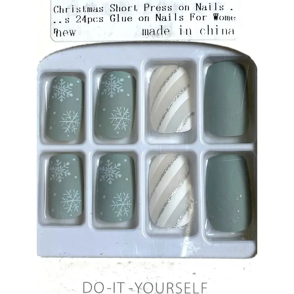 Christmas Green White Snowflakes Tan White Striped 24pc Set Glue on Nails